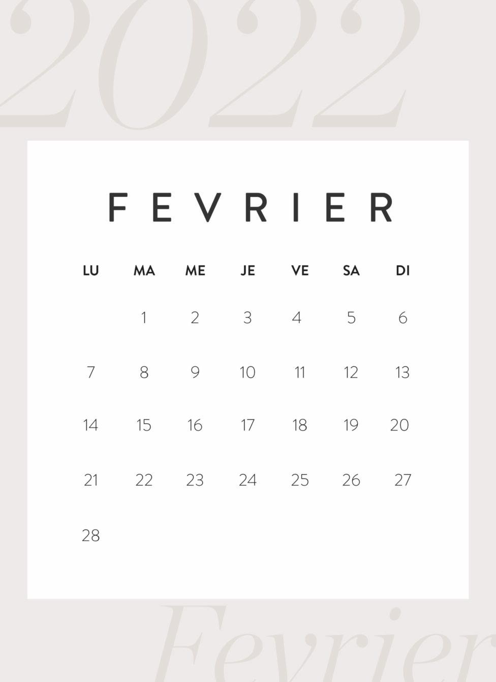 calendrier imprimable février