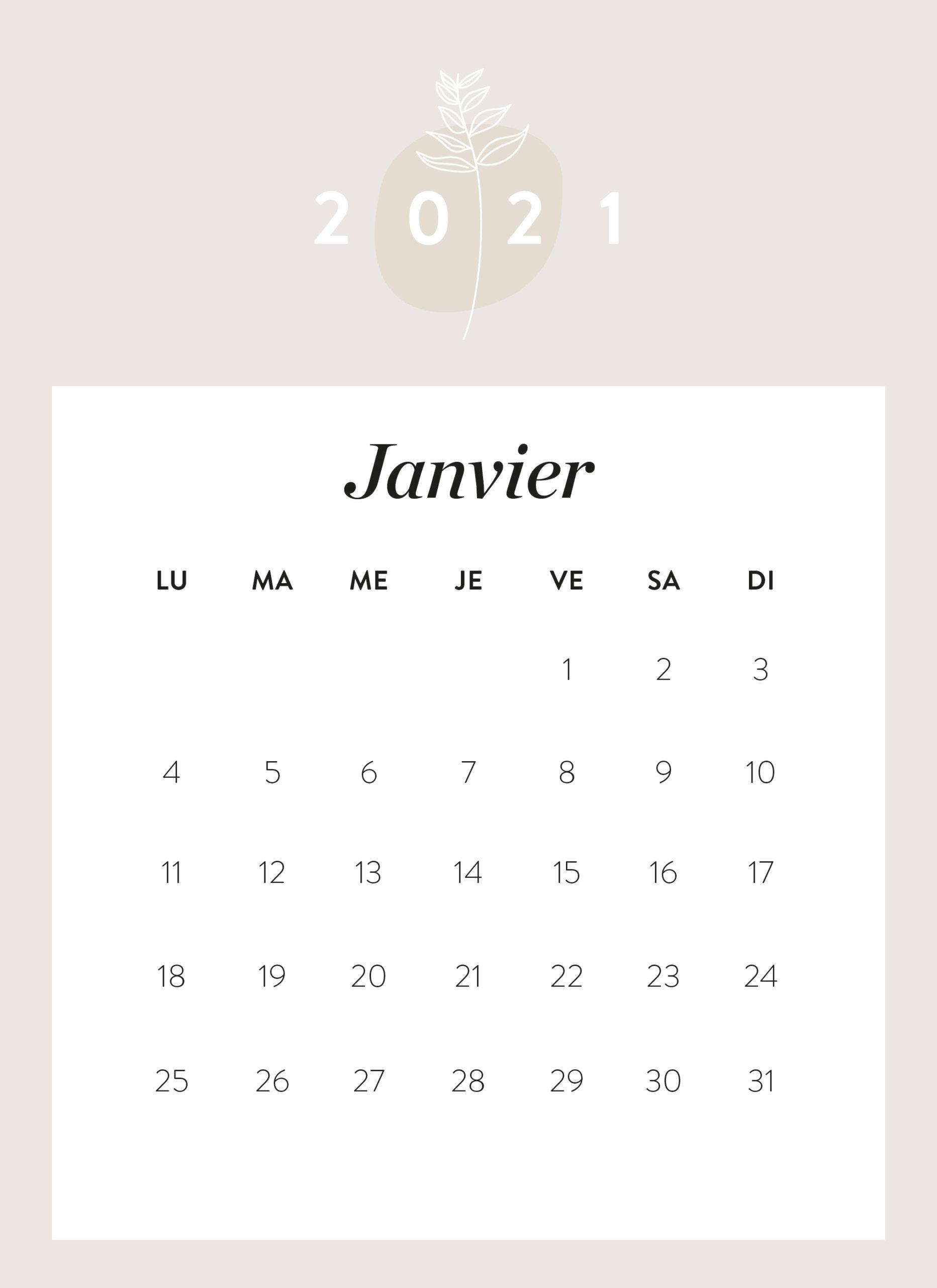 calendrier mois de janvier 2021 à imprimer Westwing