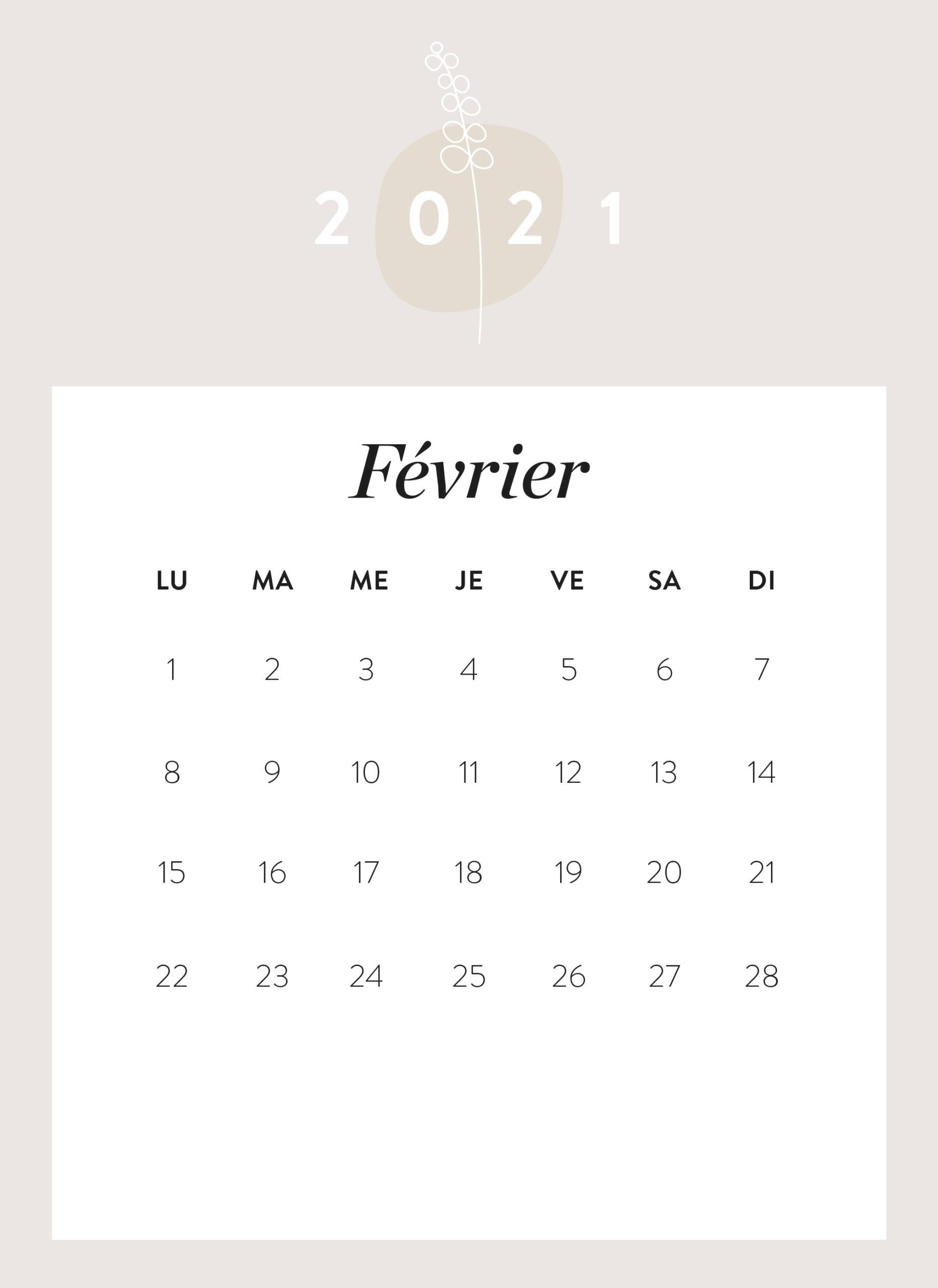 calendrier mois de février 2021 à imprimer