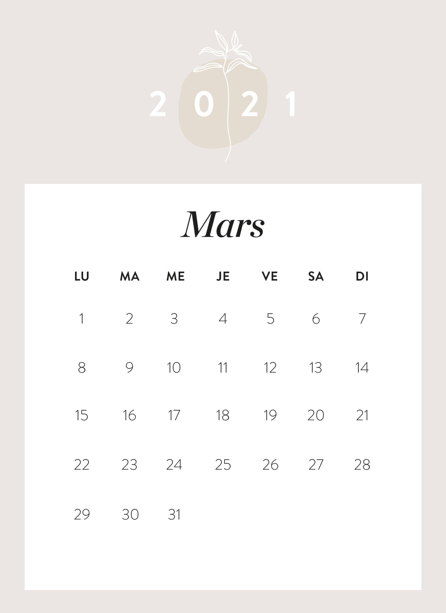 calendrier mois de mars 2021 à imprimer