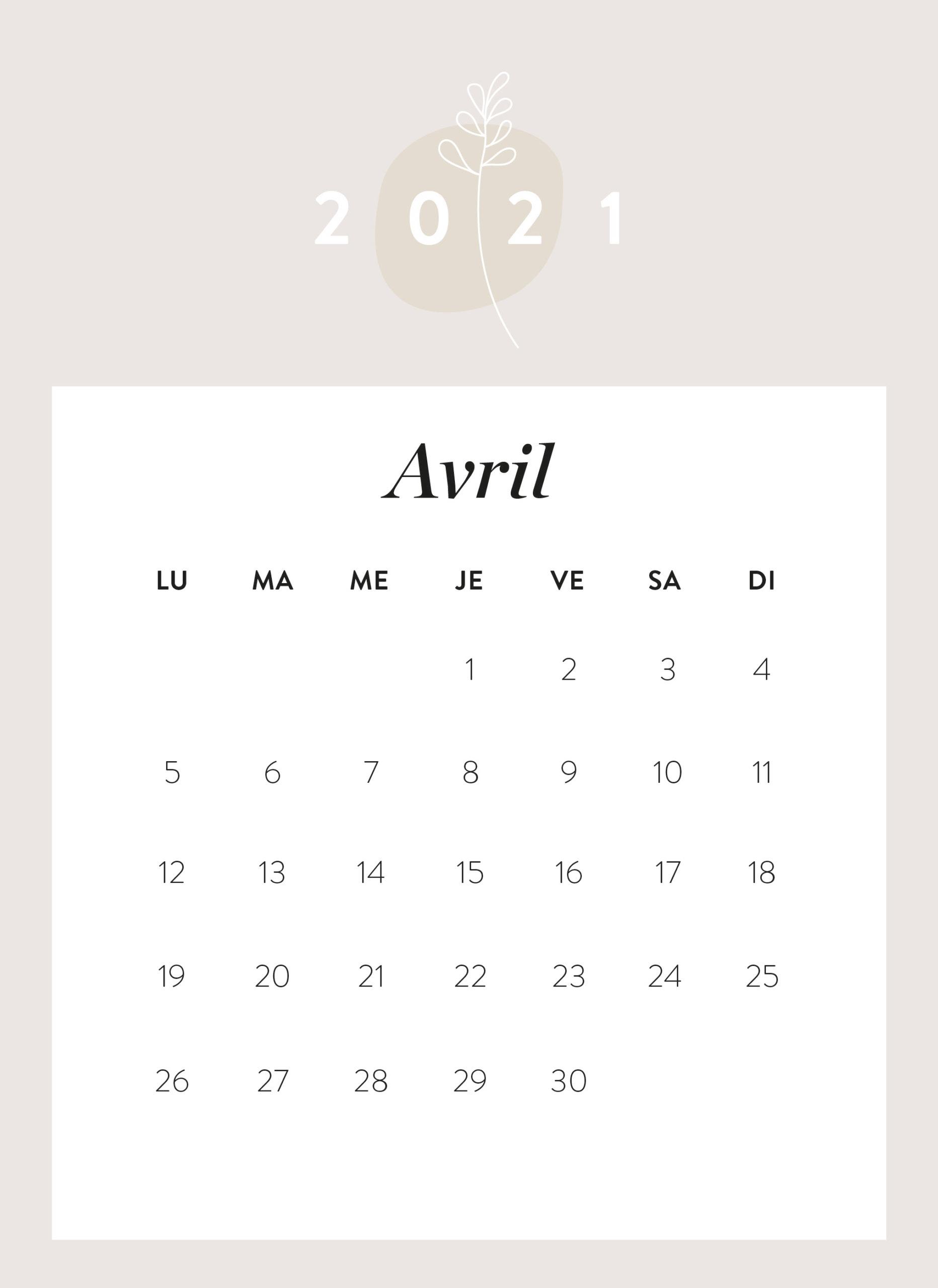 calendrier mois d'avril 2021 à imprimer