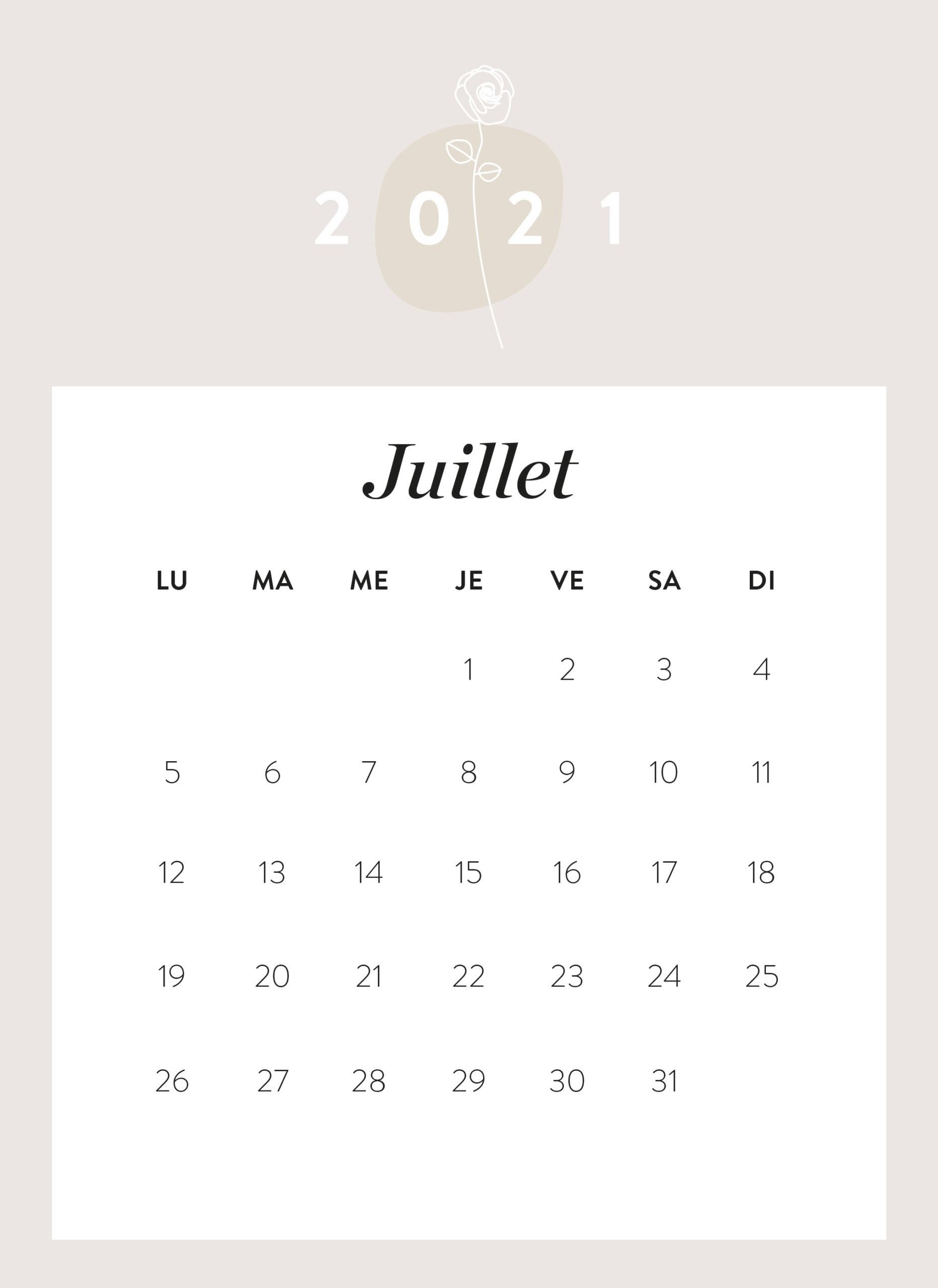 calendrier mois de juillet 2021 à imprimer Westwing
