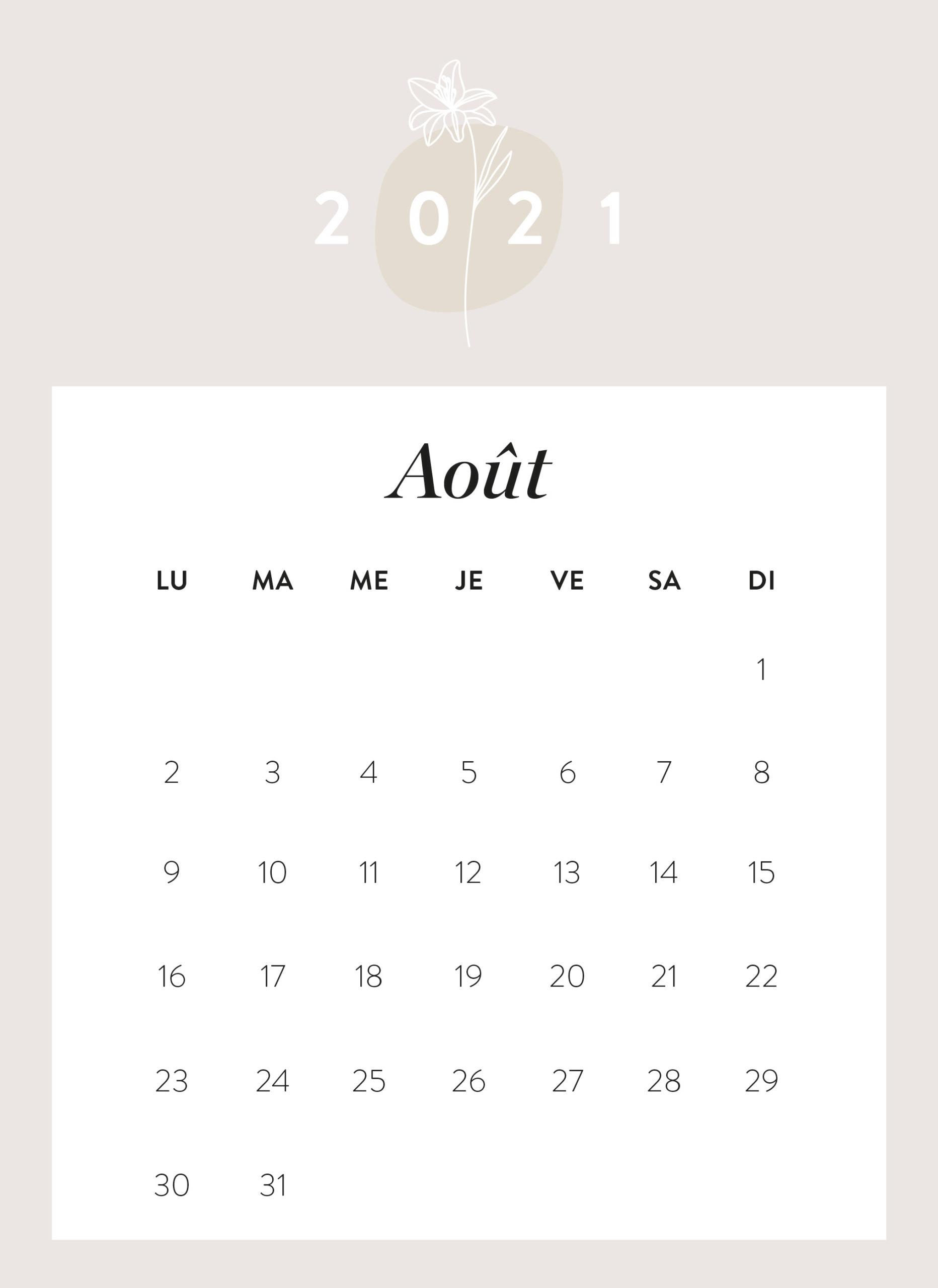 calendrier mois d'août 2021 à imprimer Westwing