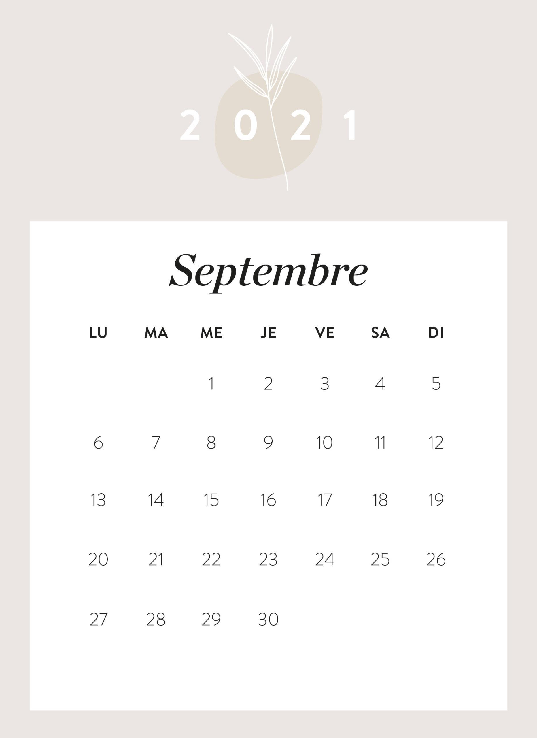calendrier mois de septembre 2021 à imprimer Westwing