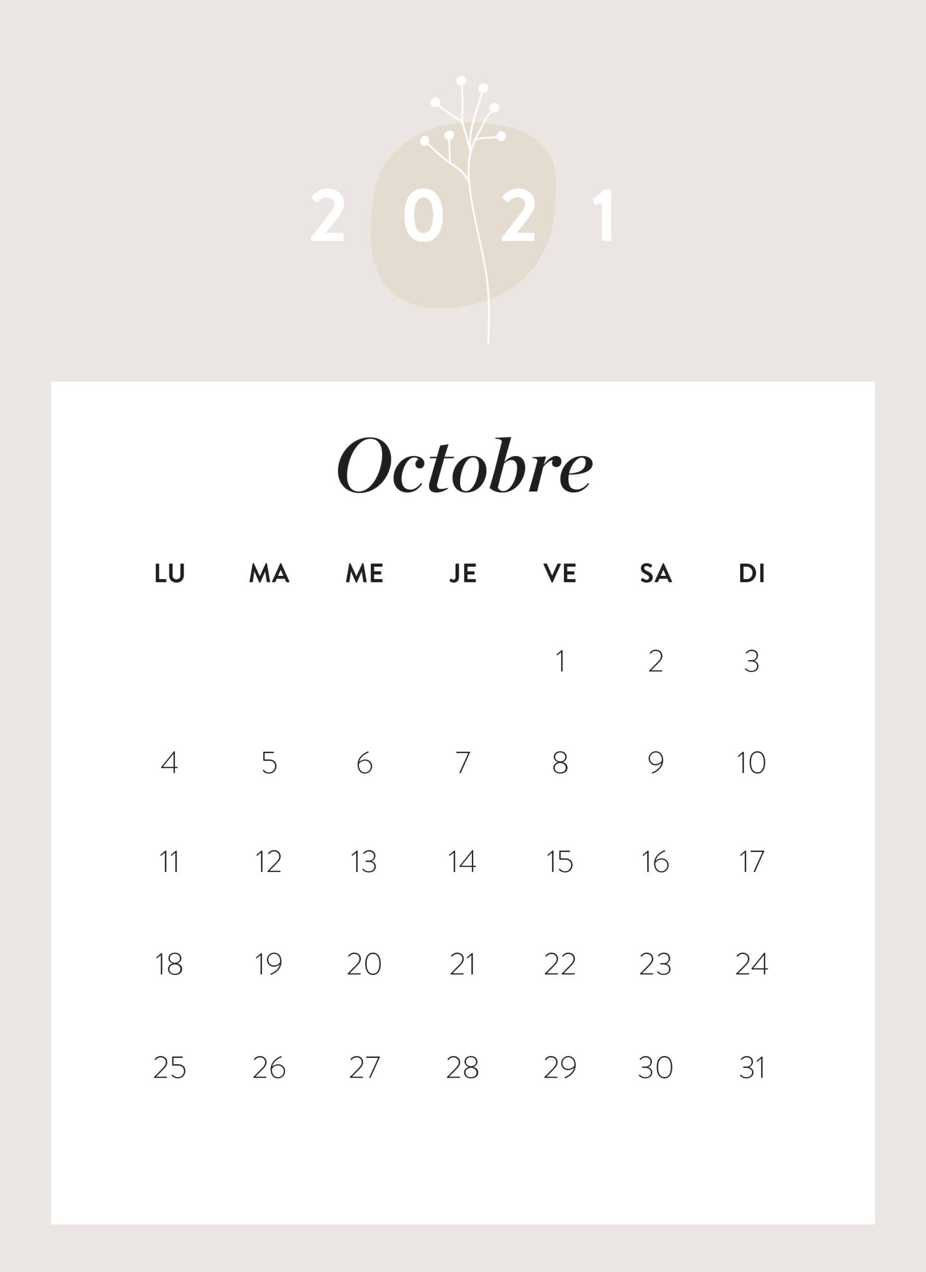 calendrier mois d'octobre 2021 à imprimer Westwing