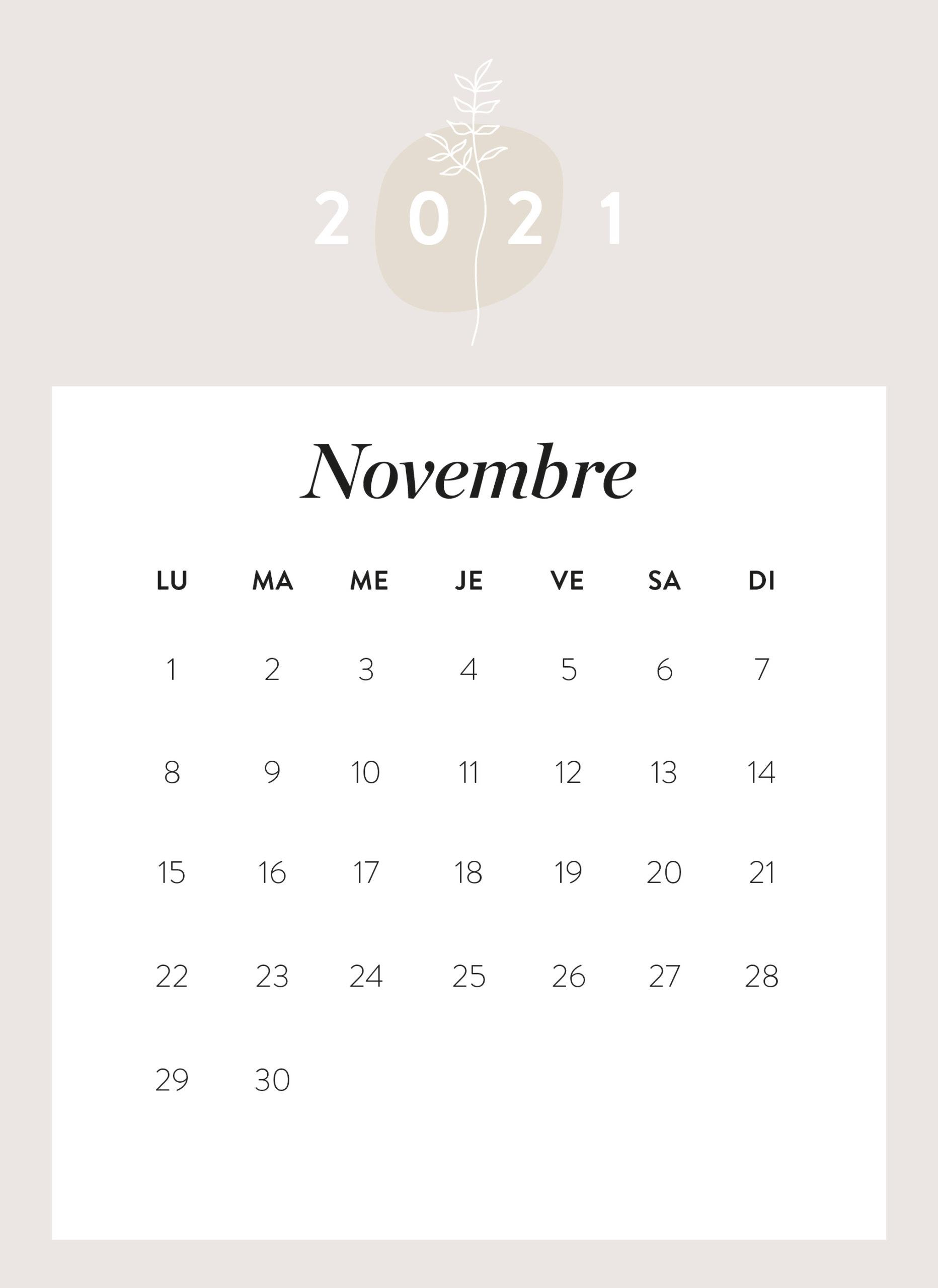 calendrier mois de novembre 2021 à imprimer Westwing