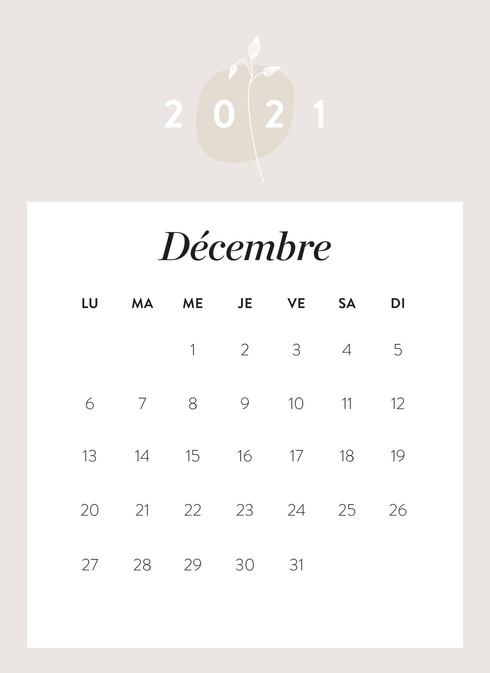 calendrier mois de décembre 2021 à imprimer Westwing