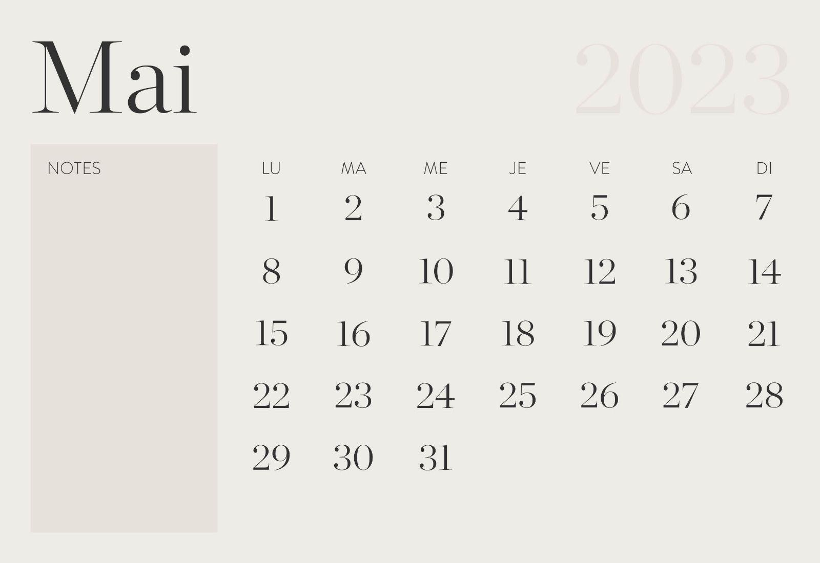 calendrier mensuel 2023, mai 2023