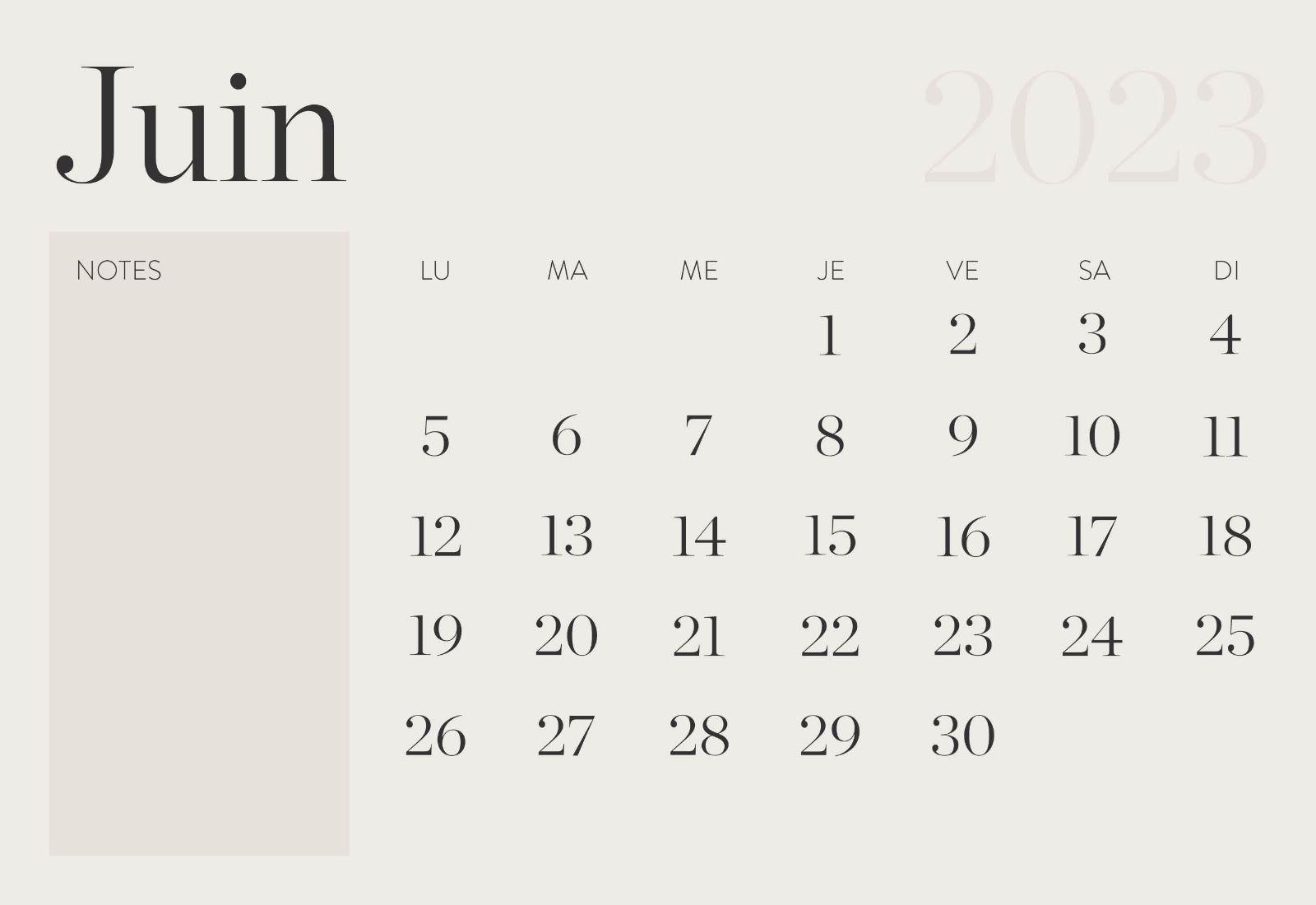 Calendrier mensuel, juin 2023