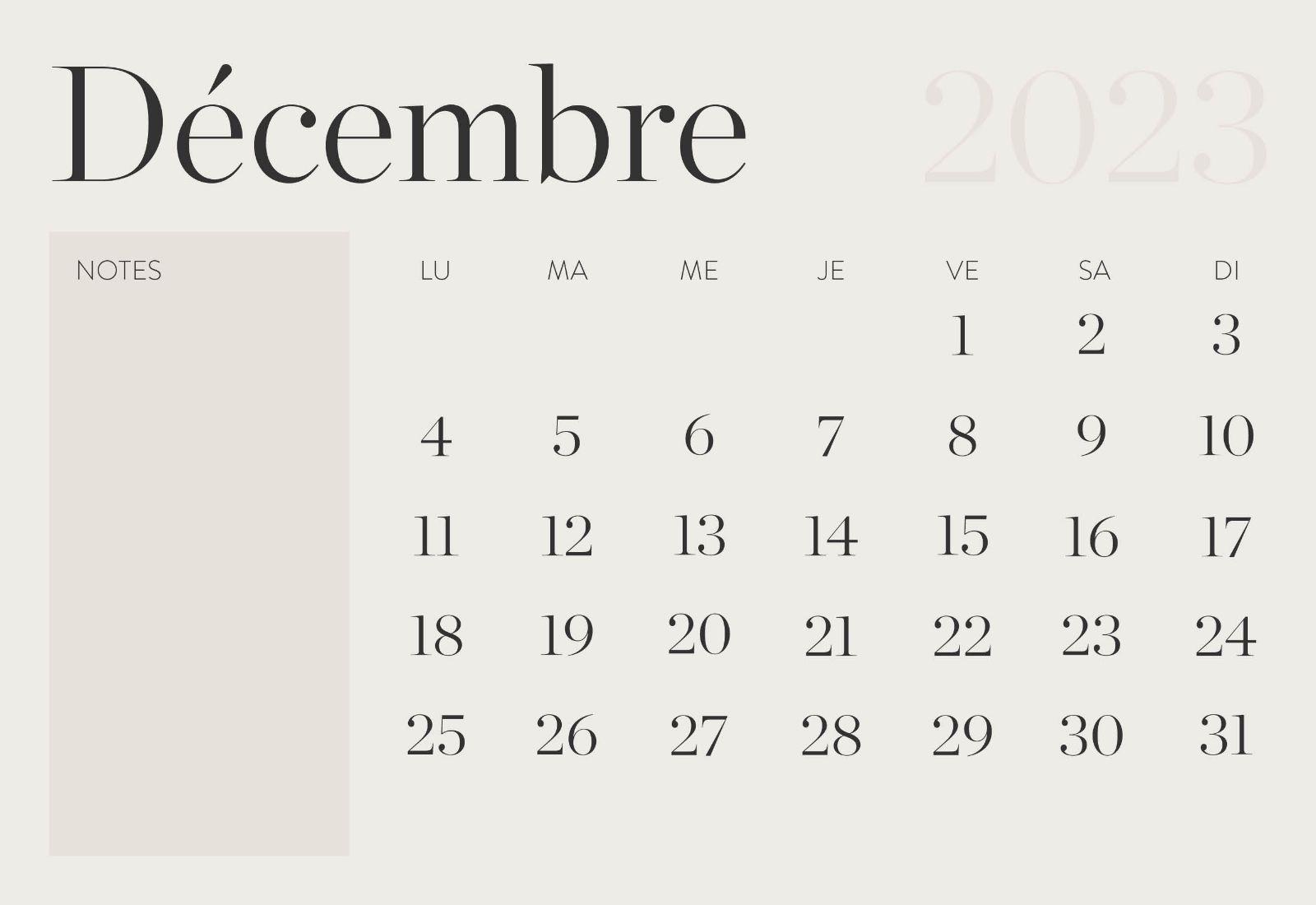 calendrier mensuel 2023, décembre 2023