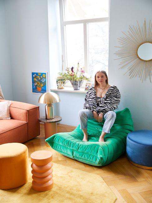 pouf vert anis, couleur tendance, décoration verte, pouf bleu