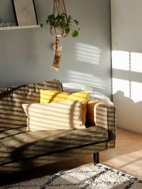 salon canapé vert kaki, coussin jaune