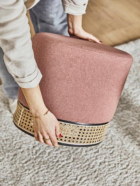 pouf vieux rose, base en cannage