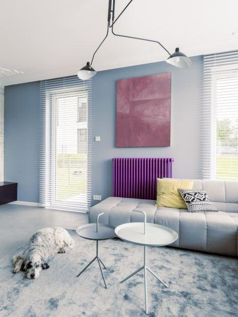 salon gris avec radiateur couleur very peri et tableau violet