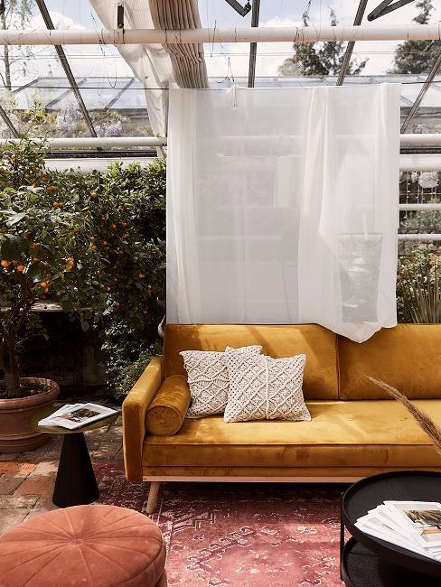 déco balinaise dans un salon avec canapé moutarde, moustiquaire et plantes vertes