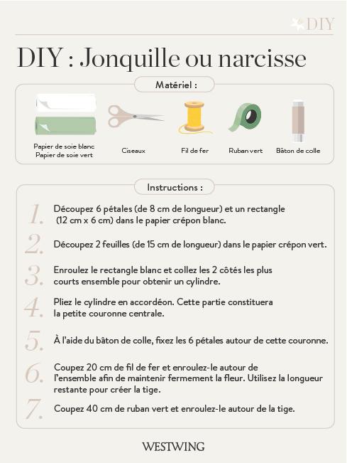 DIY Fabriquer jonquille ou narcisse en papier, matériel et instructions, étapes