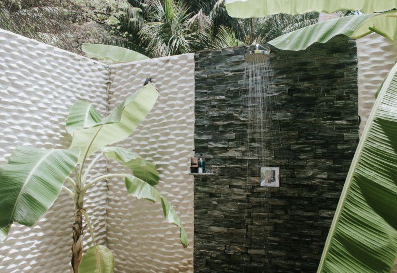 Salle de bain extérieure deux bananiers douche