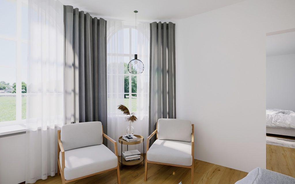 chambre d'hotel design blanc gris parquet