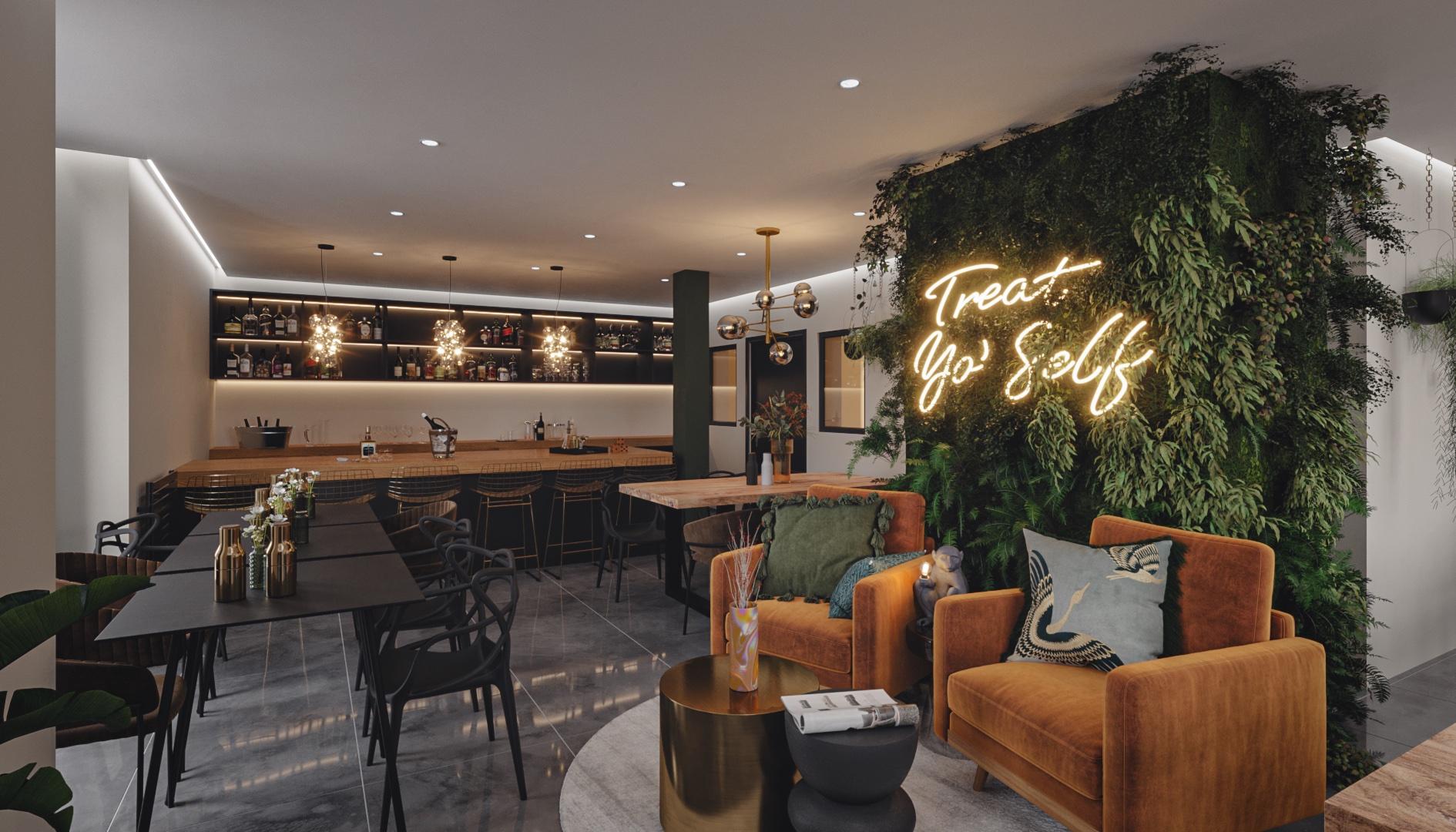 deco restaurant plantes mur végétal pilier fauteuils velours