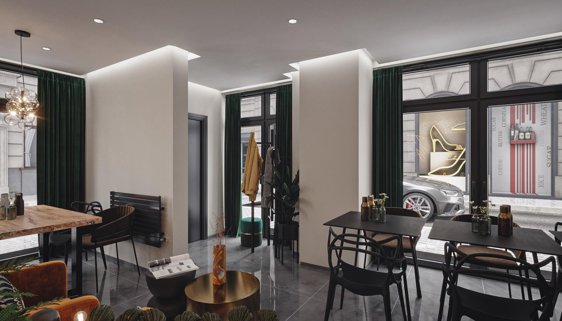 deco restaurant entrée chaises métal noir table basse ronde dorée