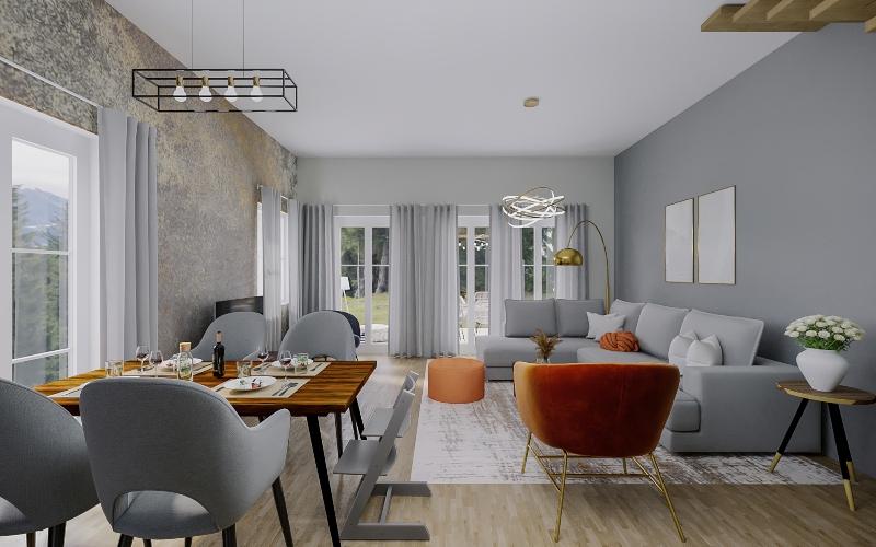 relooking salon chaises grises fauteuil orange pouf orange