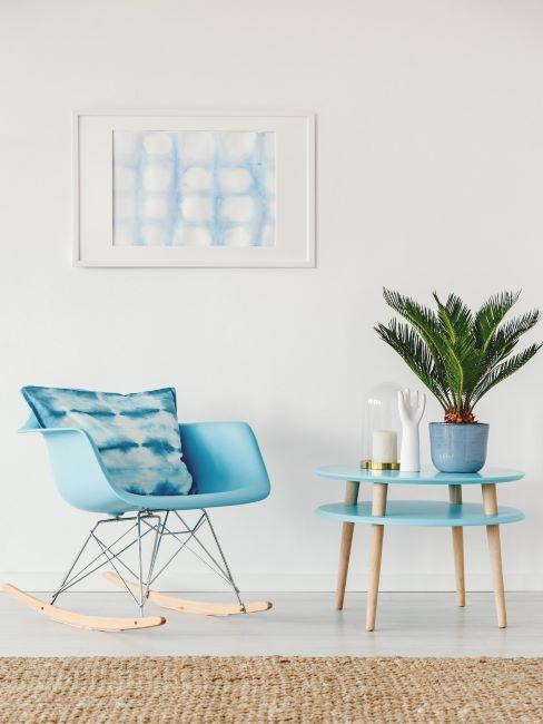 shibori salon inspiration japonaise, motifs shibori, bleu indigo, bleu clair, fauteuil à bascule, table gigigne