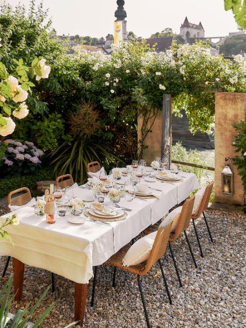 grande table style champêtre dans cour d'une maison