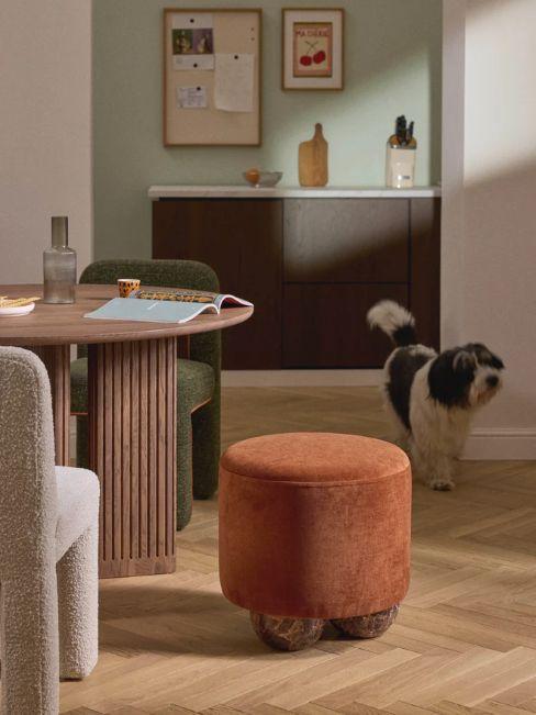 pouf terracotta pieds look marbre avec chien noir et blanc