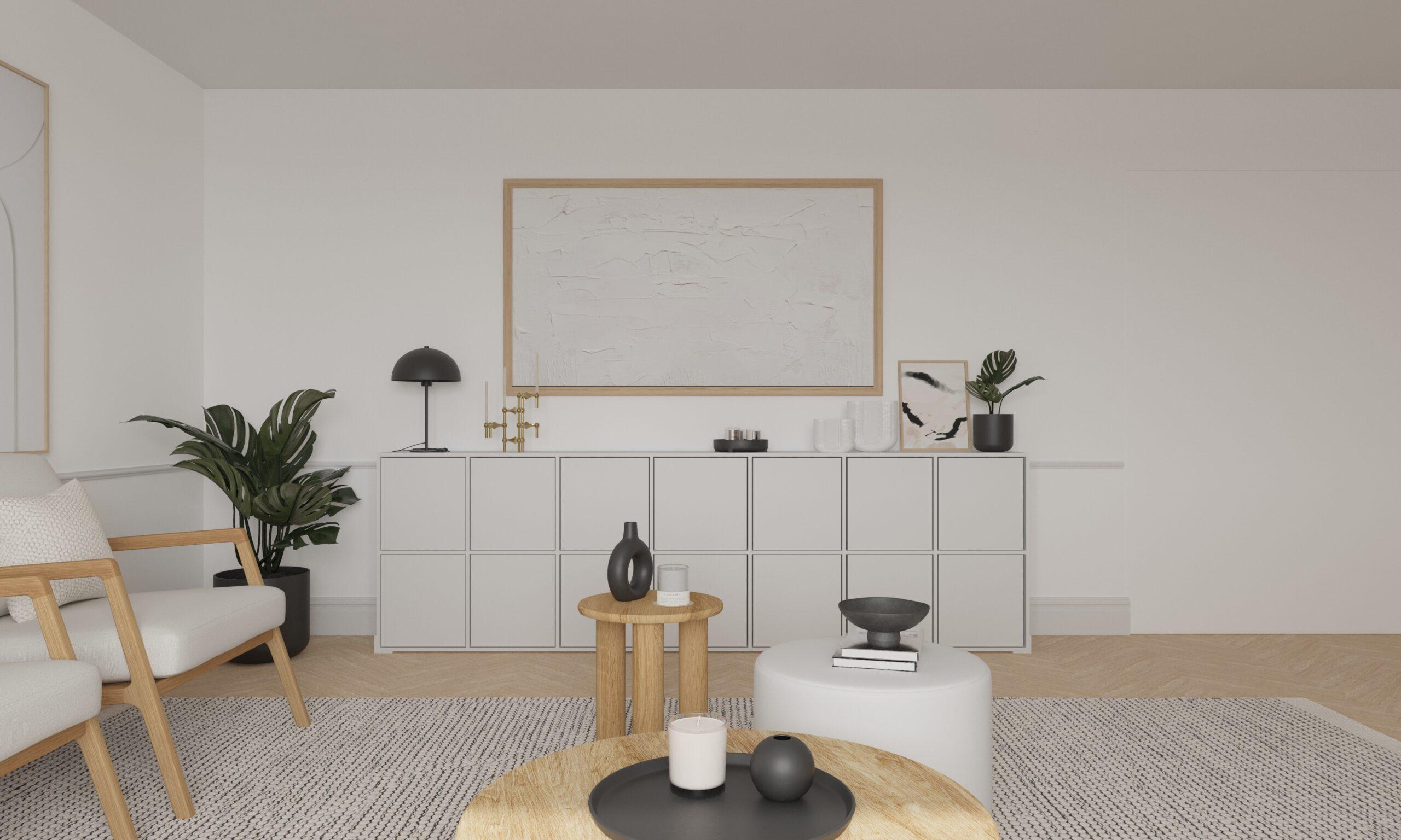 meuble de rangement blanc avec tableau mural au dessus dans un salon