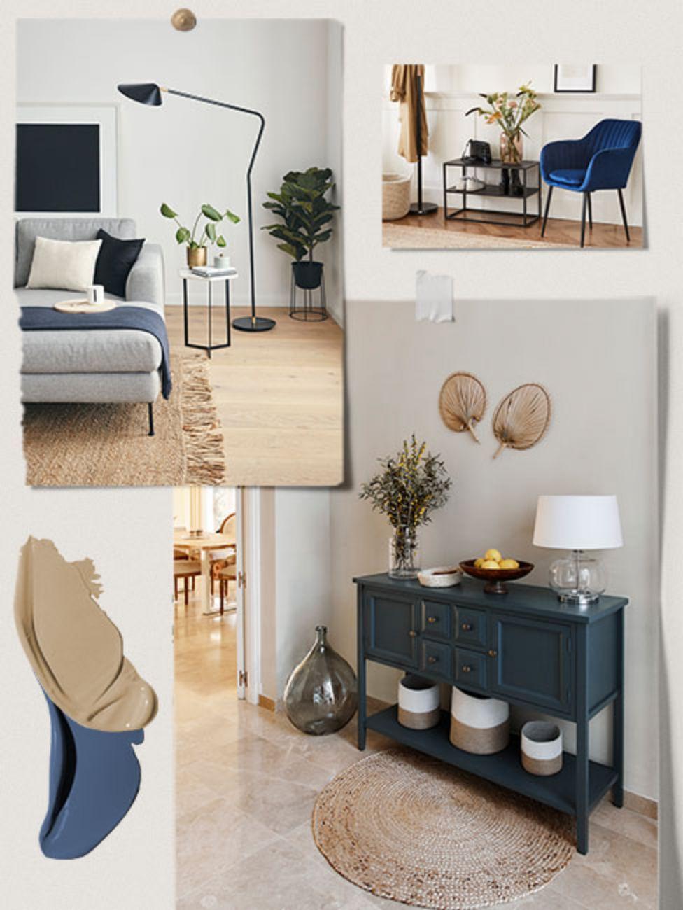 palette beige et bleu, couleurs tendance