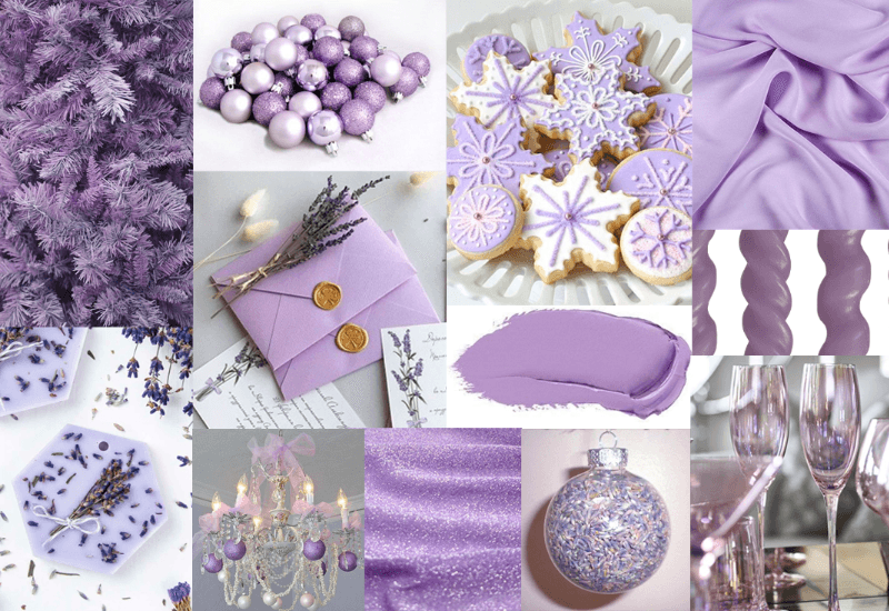 deco noel 2022, élément de décoration couleur lavande, biscuits, bougies, boules de noël