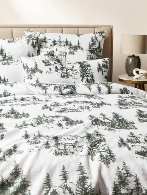 draps de lit de qualité, draps en flanelle, draps blancs et verts, motifs arbres