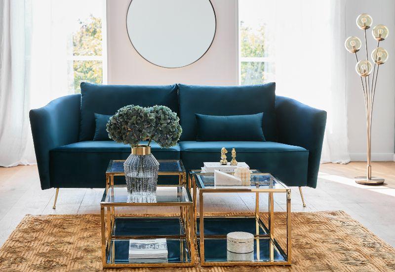 salon bleu canard, mobilier doré