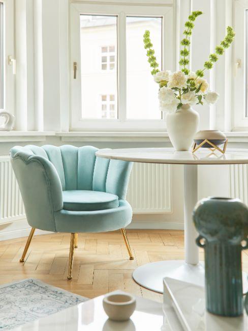 fauteuil cocktail turquoise, salon blanc
