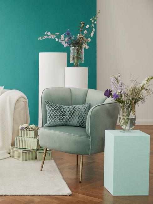 fauteuil cocktail turquoise, salon blanc et turquoise