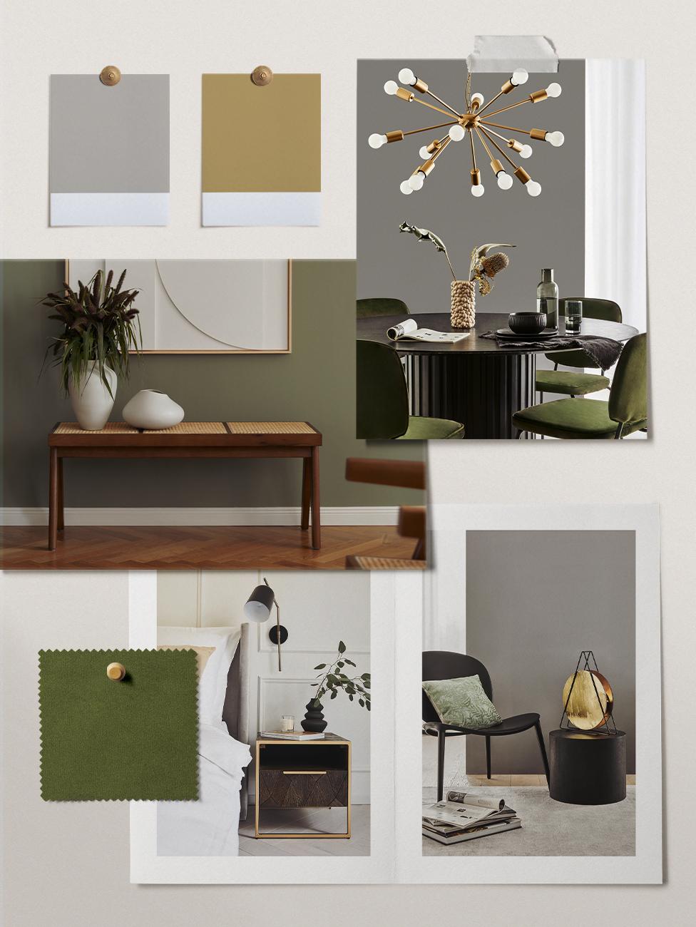palette de couleurs, gris, doré et vert olive
