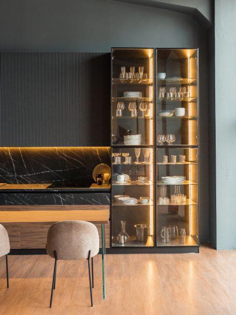 cuisine noire et bois chic, style moderne design, marbre noir