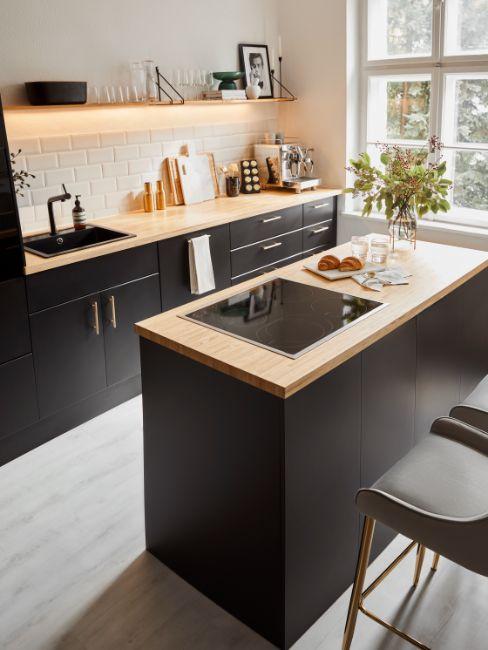 cuisine moderne simple, noir et bois, briques blanches