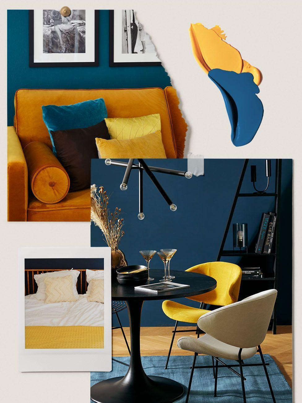 couleurs tendance 2023, jaune moutarde et bleu en déco d'intérieur