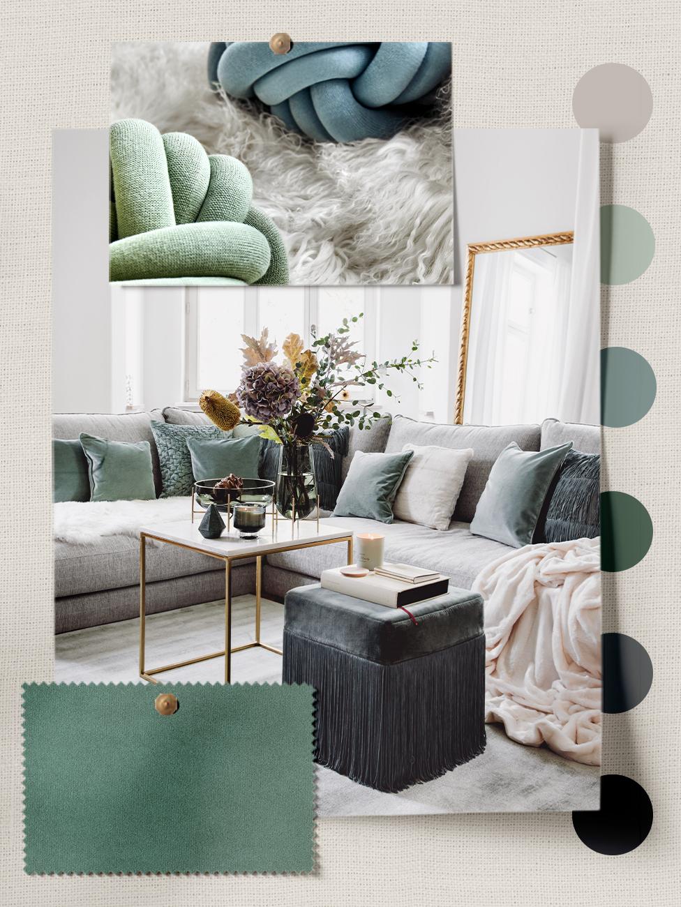 palette, moodboard, couleurs grisées, vert de gris