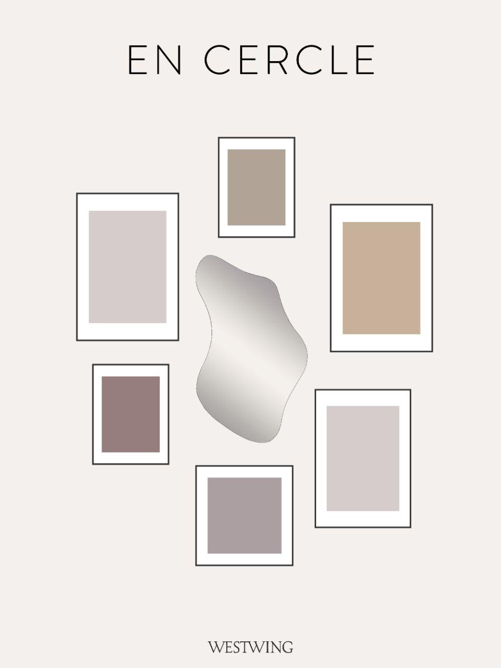 mur de cadres, accrochage en cercle, miroir organique au milieu