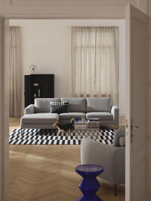 canapé d'angle 3 places melva gris avec chien