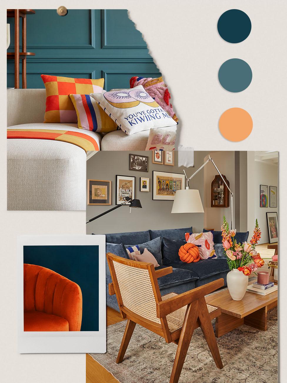 quelle couleur va avec le bleu, palette, moodboard, bleu et orange