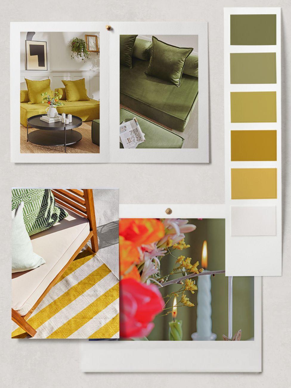 quelle couleur va avec le vert, palette, moodboard, nuances de vert et nuances de jaune