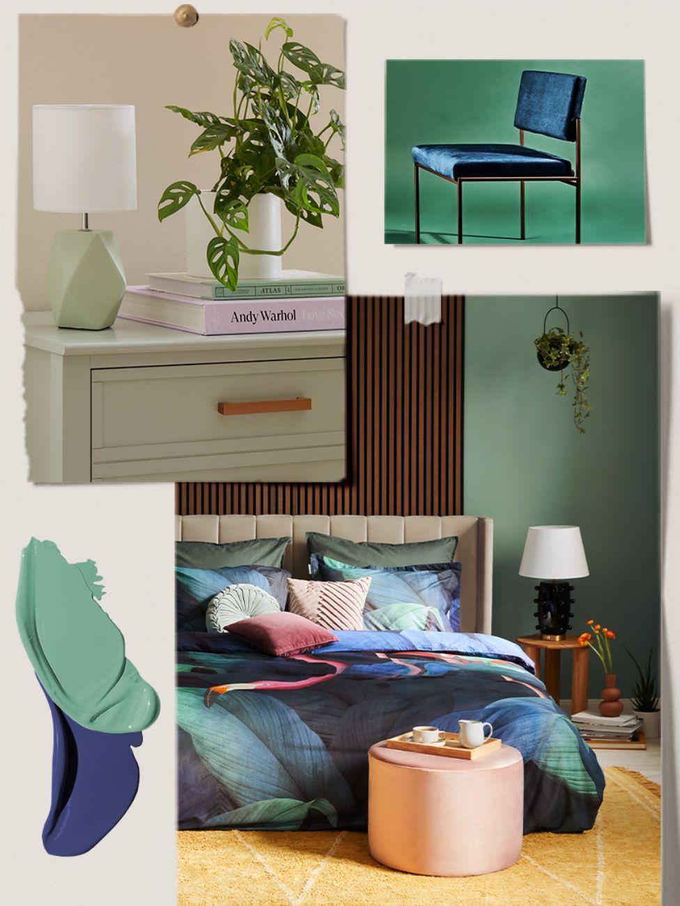 quelle couleur va avec le vert, palette et moodboard, bleu
