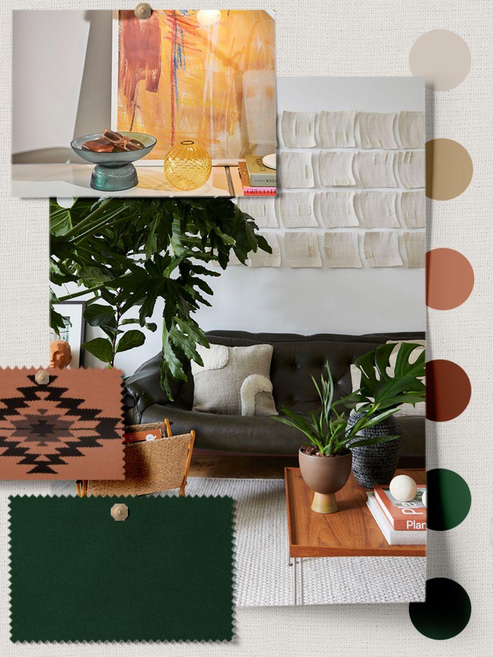 quelle couleur va avec le vert, palette moodboard, vert et rouge orange marron