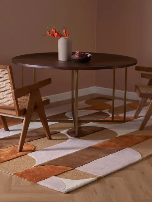 tapis année 70, motifs géométriques orange et marron