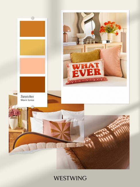 moodboard, couleurs qui vont avec la couleur pêche, nuances de marron, déco