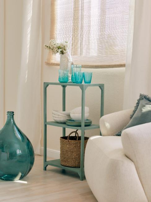 déco vert d'eau, verres et carafe, dame-jeanne