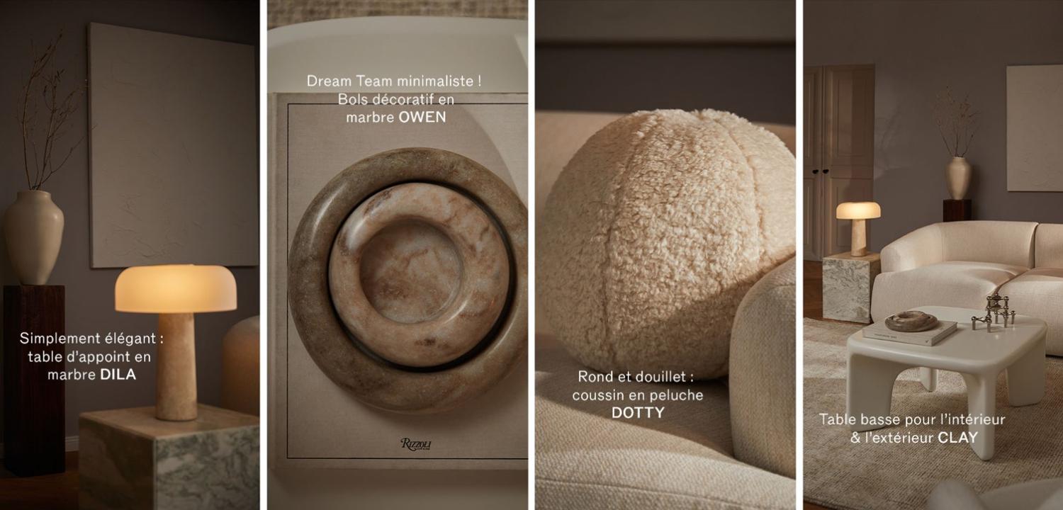 couleur taupe, mooboard, objets déco en marbre, travertin et tissu bouclé